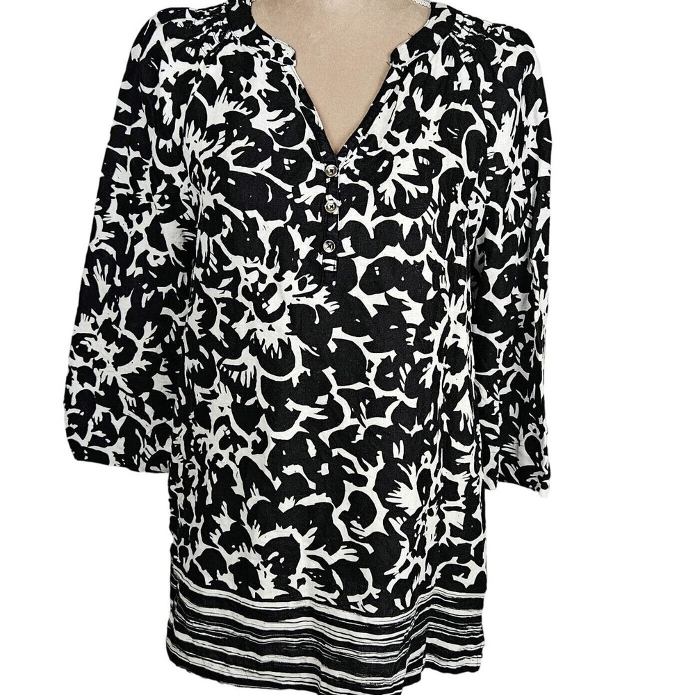 Rafaella Linen Tunic Top Womens Medium Black White‎ Floral Coastal Chic Tropical